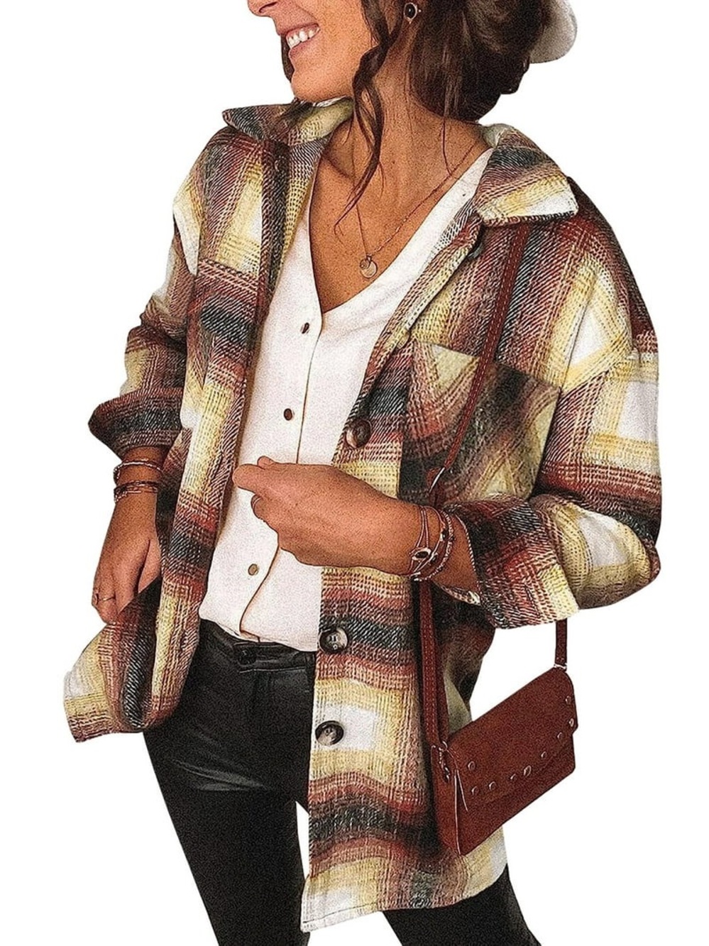 Starlow Plaid Button-Up Shacket Jacket in Brown & Cream